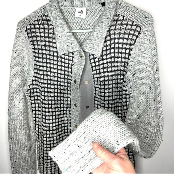 Cabi 3006 Gray Square Stich Window Pane Mock Neck Snap Cardigan Sweater Size S - Picture 4 of 14